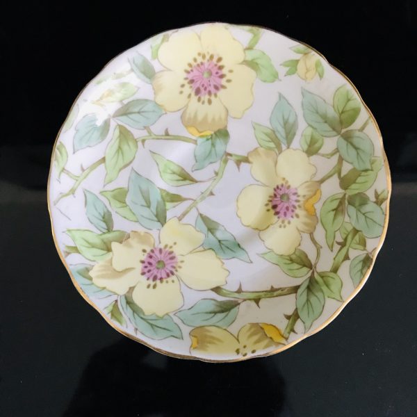 Tuscan tea cup and saucer England Fine bone china Yellow with Pink Flowers and green leaves gold trim farmhouse collectible display coffee