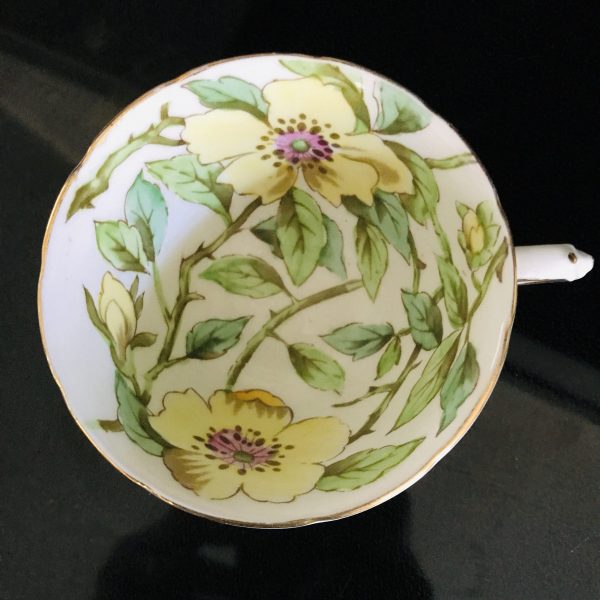 Tuscan tea cup and saucer England Fine bone china Yellow with Pink Flowers and green leaves gold trim farmhouse collectible display coffee