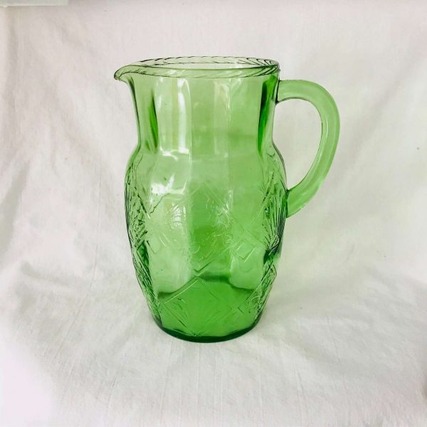 Uranium Glass Art Deco pattern water pitcher green glass farmhouse collectible display kitchen dining serving glowing glass