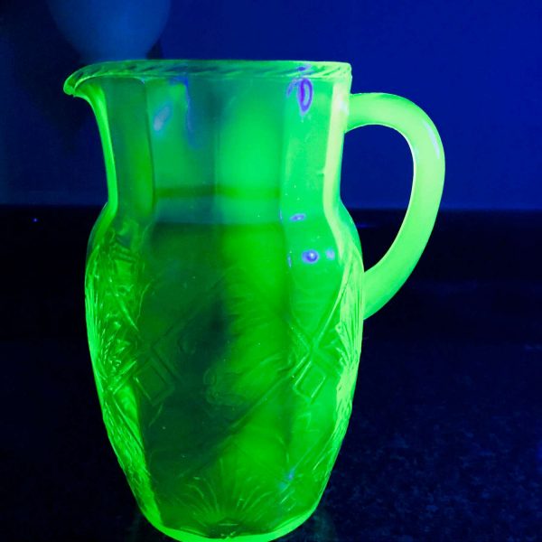 Uranium Glass Art Deco pattern water pitcher green glass farmhouse collectible display kitchen dining serving glowing glass