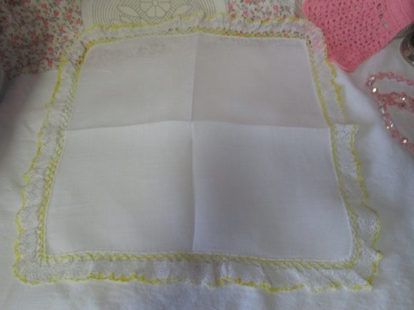 Varigate crochet yellow trim hankie handkerchief fine cotton mid-century