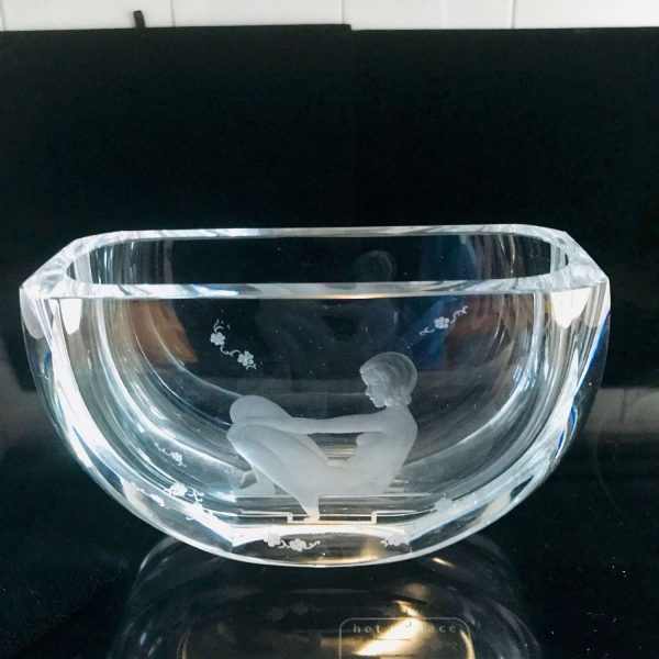 Vase Bowl Signed Lars Kjellander Orrefors Cut Crystal Nude Art Deco Collectible display etched flowers detailed Heavy Crystal