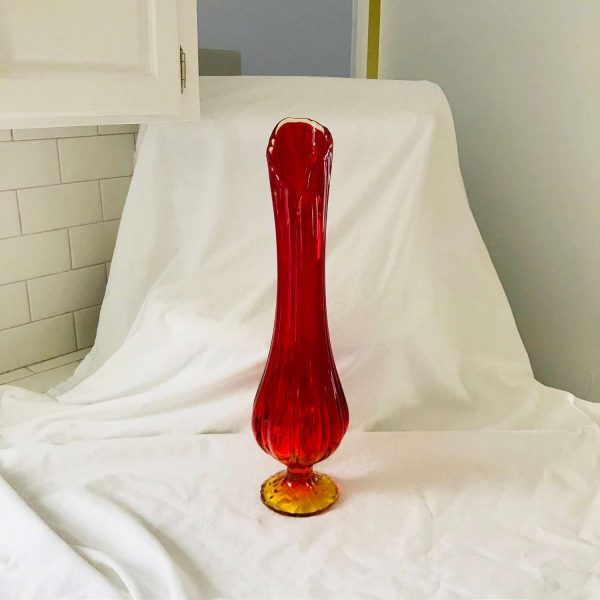 Vase Mid century modern Amberina pedestal vase red and yellow glass 17.5" tall retro mod atomic display collectible
