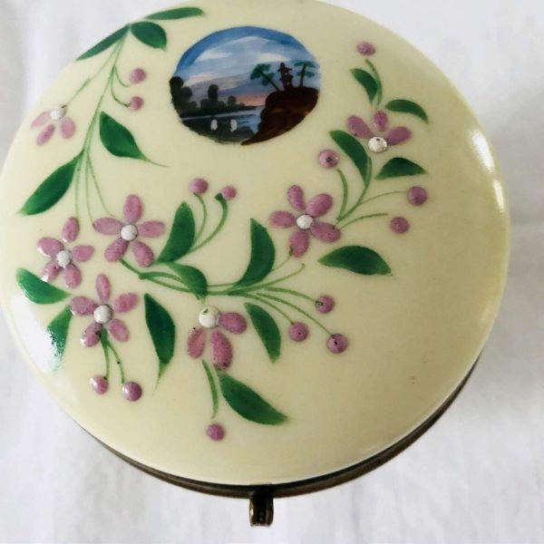 Victorian Enameled Jewelry Dresser box hinged lid brass trim enameled flowers collectible display farmhouse cottage