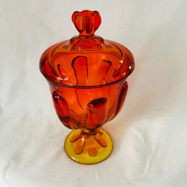 Viking Glass Epic Amberina Persimmon Six Petal Covered Pedestal Candy Dish Orange & yellow Mid Century Atomic Retro Mod display collectible