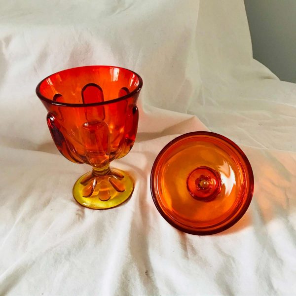 Viking Glass Epic Amberina Persimmon Six Petal Covered Pedestal Candy Dish Orange & yellow Mid Century Atomic Retro Mod display collectible
