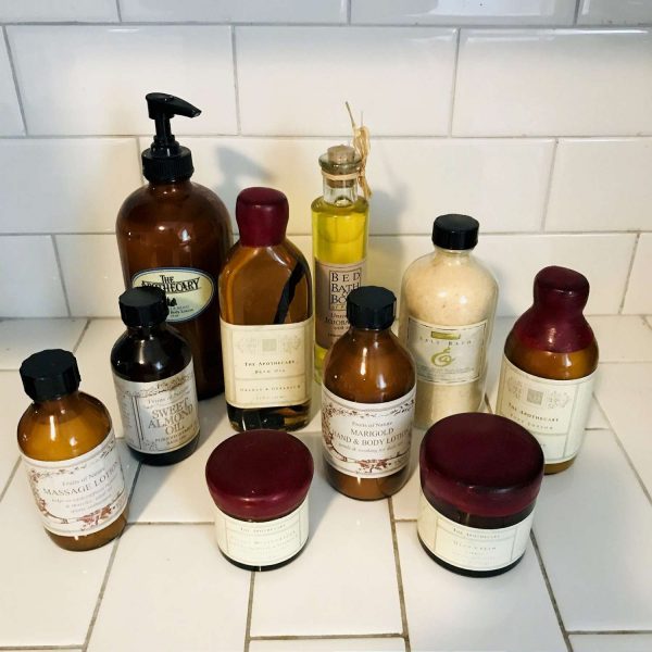 Vintage 10 Vanity Jars Pottery Barn wax sealed lids Apothercary amber glass bottles display massage lotions Almond massage oil Unopened