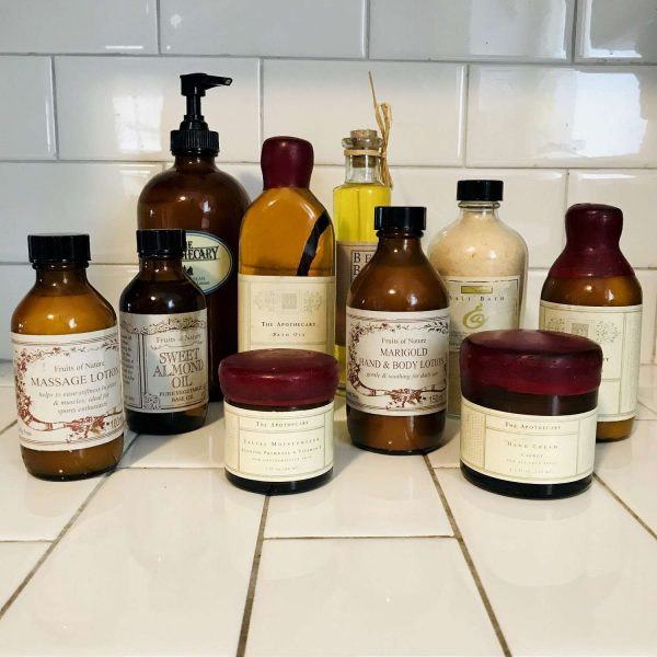 Vintage 10 Vanity Jars Pottery Barn wax sealed lids Apothercary amber glass bottles display massage lotions Almond massage oil Unopened