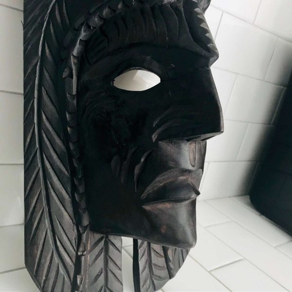 Vintage 1920-30's tribal hand carved mask ebony dark wood great detail birds on top each side collectible display farmhouse African Tribal