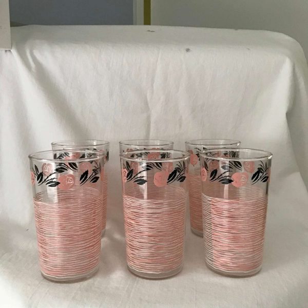 Vintage 1920's-30's tumblers 6 striped and floral Art Deco PInk white & black glasses retro kitchen collectible display farmhouse