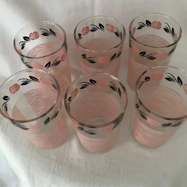 Vintage 1920's-30's tumblers 6 striped and floral Art Deco PInk white & black glasses retro kitchen collectible display farmhouse