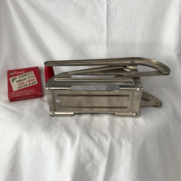 Vintage 1940's Ekco French Fry Maker with 2 blades standard and shoestring size fries metal with wooden handle farmhouse retro kitchen