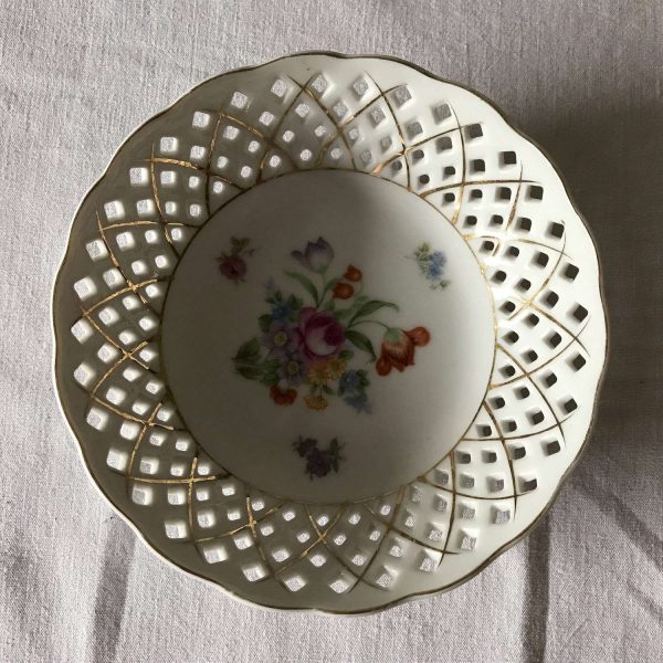 Vintage 1940's Reticulated Rim Fine china Bowl Floral center gold trim farmhouse display shabby chic collectible display Occupied Japan