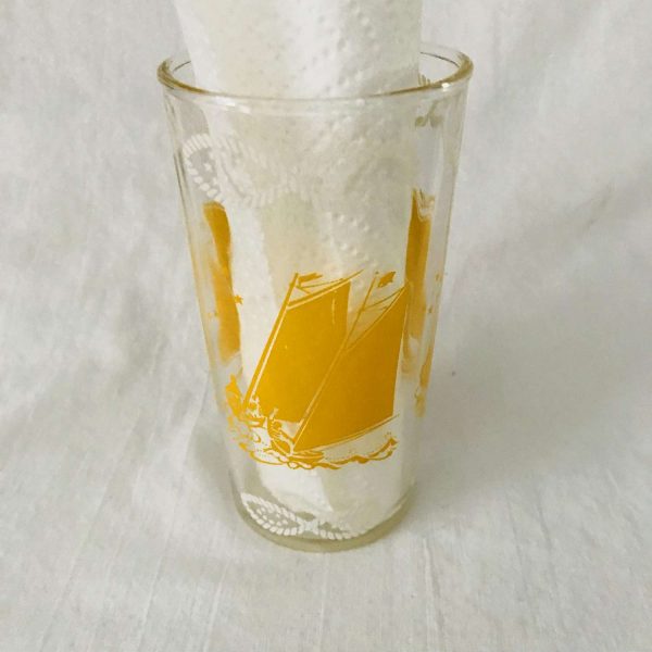 Vintage 1940's Single Sailboat water glass farmhouse collectible display kitchen serving 5" tall 2 3/4" across the top 8 oz yellow white
