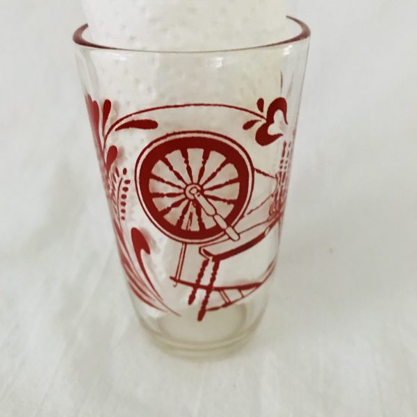 Vintage 1940's Single Spinning Wheel & Bellows juice glass farmhouse collectible display kitchen serving 4" tall 2 1/4" across top 4 oz Red