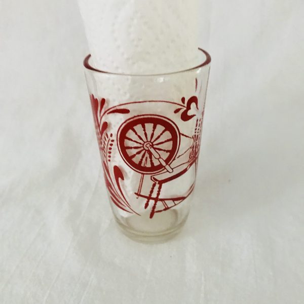 Vintage 1940's Single Spinning Wheel & Bellows juice glass farmhouse collectible display kitchen serving 4" tall 2 1/4" across top 4 oz Red
