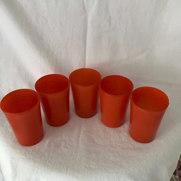 Vintage 1950's juice glasses 5 bright orange fired on paint 4 oz. ribbed tops retro  farmhouse collectible display kitchen serving