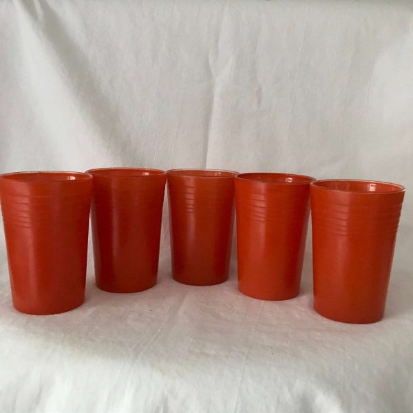 Vintage 1950's juice glasses 5 bright orange fired on paint 4 oz. ribbed tops retro  farmhouse collectible display kitchen serving