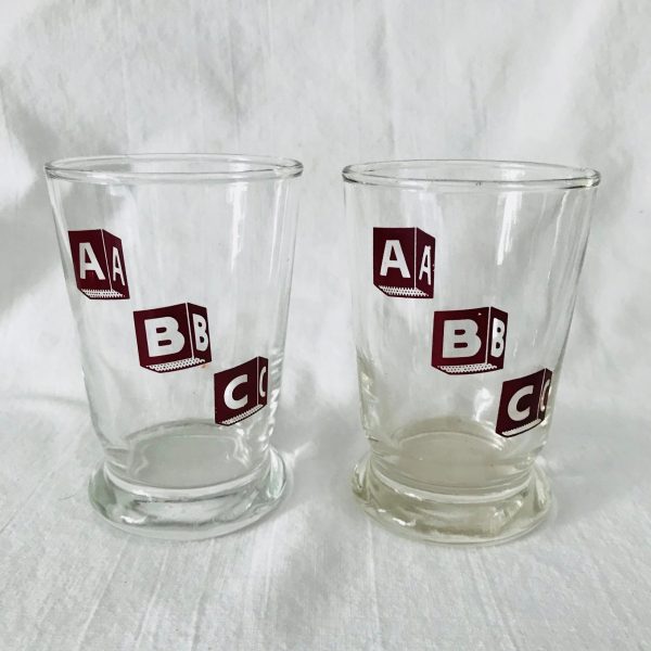 Vintage 1950's Pair of ABC blocks juice glasses 6 oz farmhouse collectible display kitchen serving burgundy blocks