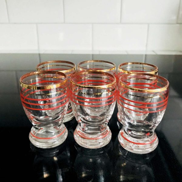 Vintage 1950's Retro 6 cordials farmhouse collectible barware striped red with gold 2 1/2" tall 1 1/2" across the tops