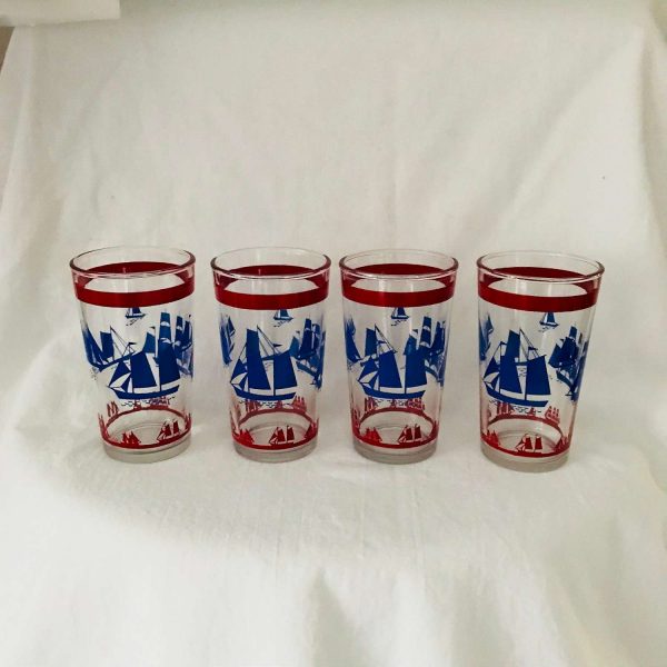 Vintage 1950's set of 4 glass tumblers water Iced tea 8 oz farmhouse collectible display kitchen serving 4 1/2" tall 2 7/8" across Sailboats