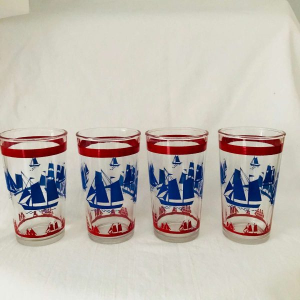 Vintage 1950's set of 4 glass tumblers water Iced tea 8 oz farmhouse collectible display kitchen serving 4 1/2" tall 2 7/8" across Sailboats