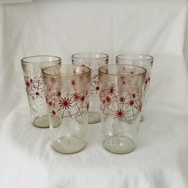 Vintage 1950's set of 5 glass tumblers water Iced tea 12 oz farmhouse collectible display kitchen serving 5 1/2" tall 3" across Starburst