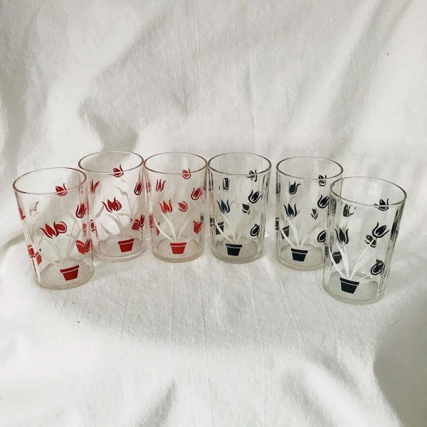 Vintage 1950's set of 6 glass swanky swigs juice glasses red and black flowers farmhouse collectible display kitchen serving