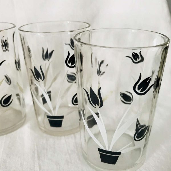 Vintage 1950's set of 6 glass swanky swigs juice glasses red and black flowers farmhouse collectible display kitchen serving