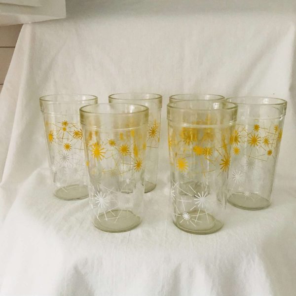 Vintage 1950's set of 6 glass tumblers water Iced tea 12 oz farmhouse collectible display kitchen serving 5 1/2" tall 3" across Starburst