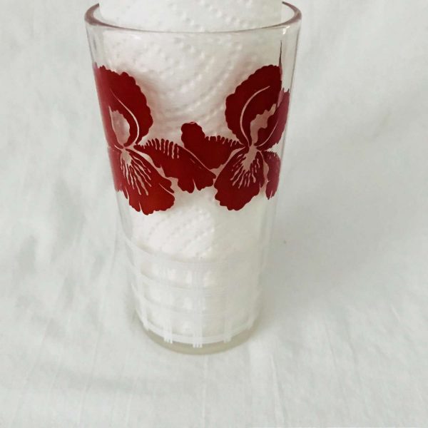 Vintage 1950's Single flower water glass farmhouse collectible display kitchen serving 5" tall 2 1/2" across the top 8 oz red & white