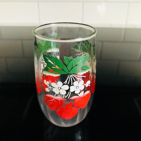Vintage 1950's Single Strawberries juice glass farmhouse collectible display kitchen serving 3 3/4" tall 2" across top 4 oz Red white green