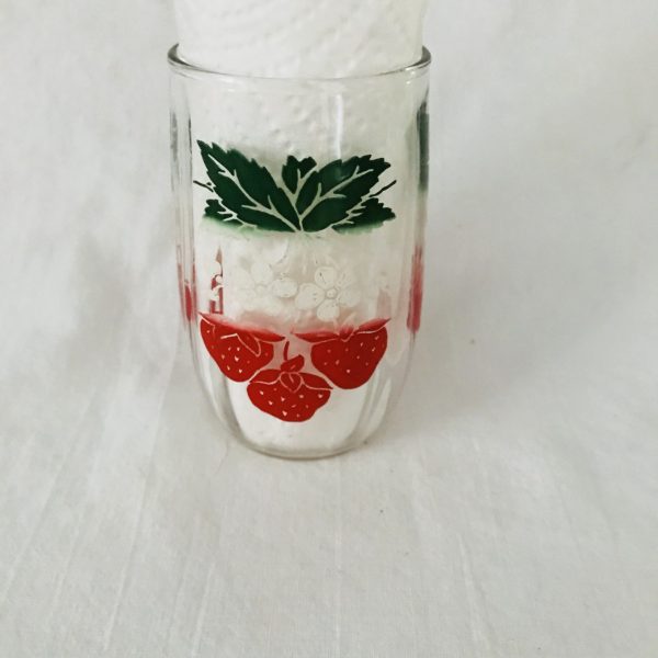 Vintage 1950's Single Strawberries juice glass farmhouse collectible display kitchen serving 3 3/4" tall 2" across top 4 oz Red white green