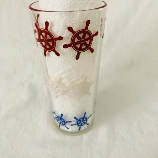 Vintage 1950's Single water glass farmhouse collectible display kitchen serving 5 3/4" tall 3 1/4" across the top 16 oz Nautical ship wheels