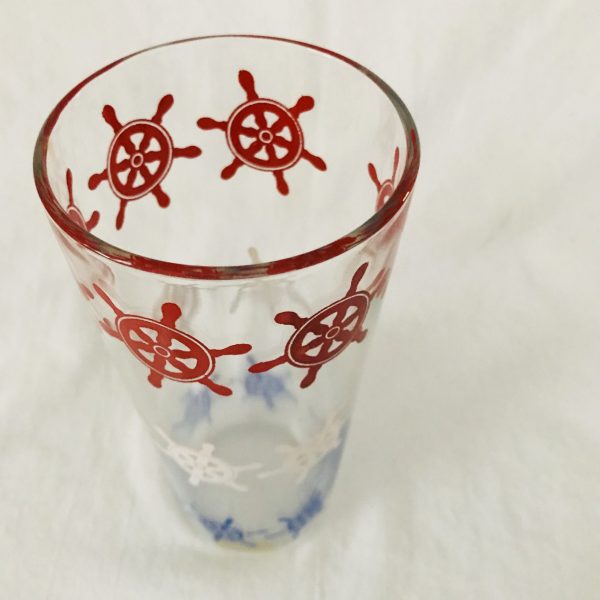 Vintage 1950's Single water glass farmhouse collectible display kitchen serving 5 3/4" tall 3 1/4" across the top 16 oz Nautical ship wheels