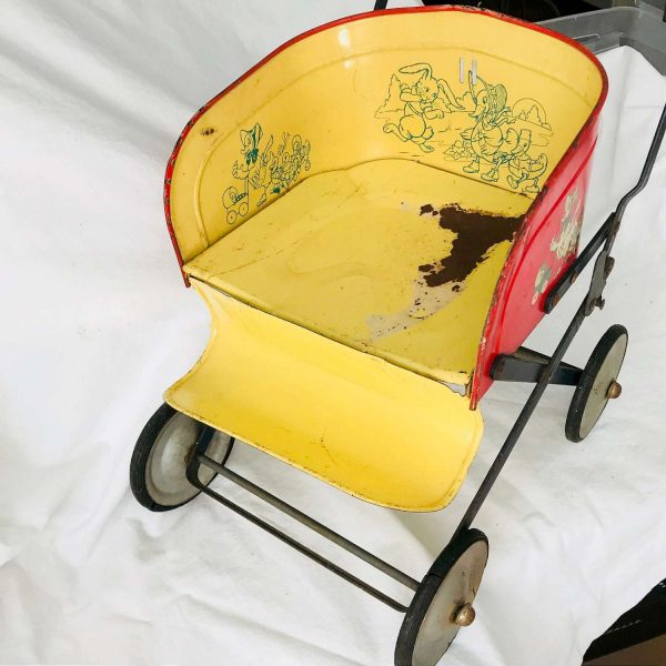 Vintage 1950's Tin Litho Doll Stroller with Ducks and Animals inside and out great graphics Folding doll display collectible USA