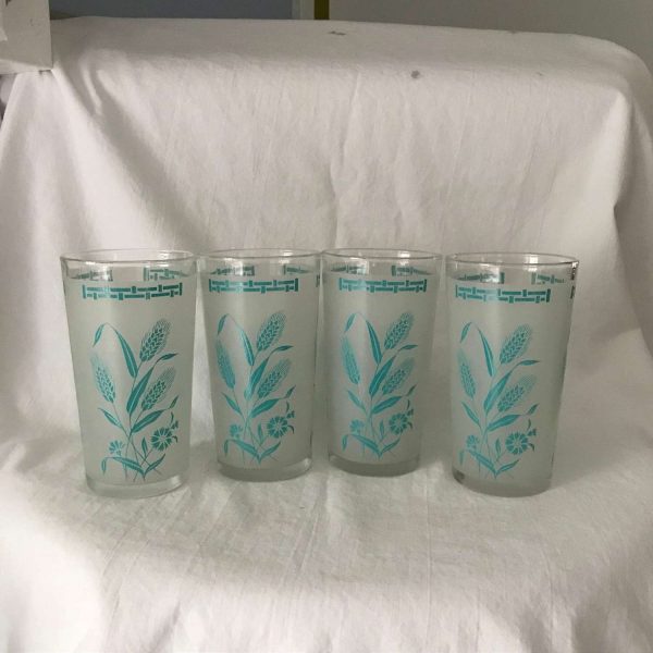 Vintage 1950's tumblers 3 Mid Century aqua wheat flowers on frosted glass water glasses retro kitchen mod collectible display farmhouse