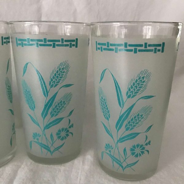 Vintage 1950's tumblers 3 Mid Century aqua wheat flowers on frosted glass water glasses retro kitchen mod collectible display farmhouse