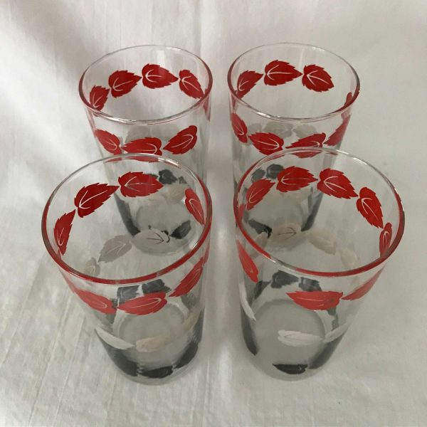 Vintage 1950's tumblers 4 Mid Century leaves red white and black water glasses retro kitchen mod collectible display farmhouse