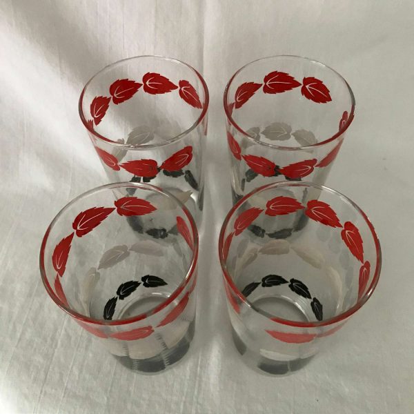Vintage 1950's tumblers 4 Mid Century leaves red white and black water glasses retro kitchen mod collectible display farmhouse
