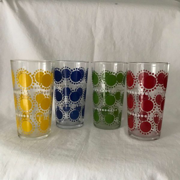 Vintage 1950's tumblers 4 Mid Century Modern Polka Dot red green blue yellow water glasses retro kitchen mod atomic collectible display