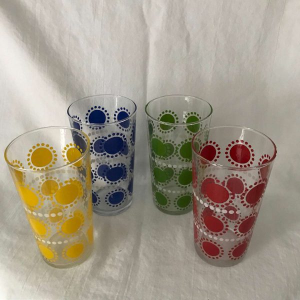 Vintage 1950's tumblers 4 Mid Century Modern Polka Dot red green blue yellow water glasses retro kitchen mod atomic collectible display