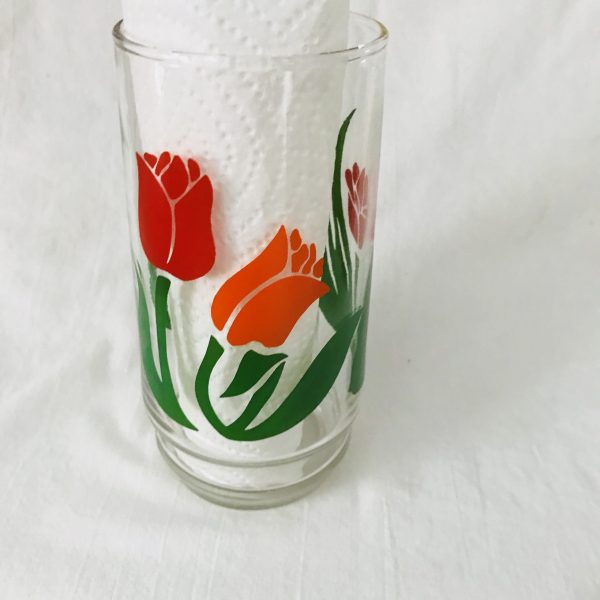 Vintage 1960's Single flower water glass farmhouse collectible display kitchen serving 6" tall 2 3/4" across the top 14 oz red green orange