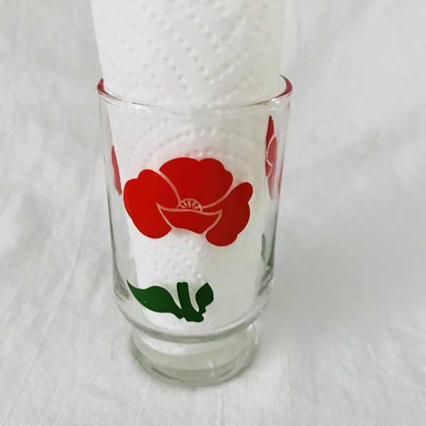 Vintage 1960's Single Red flower green leaves juice glass farmhouse collectible display kitchen serving 4" tall 2 1/4" across top 4 oz
