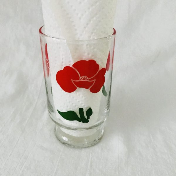 Vintage 1960's Single Red flower green leaves juice glass farmhouse collectible display kitchen serving 4" tall 2 1/4" across top 4 oz