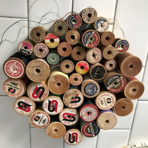 Vintage 40 wooden spool threads Sewing Notions display Lot 3  advertising collectible farmhouse display thread wooden spools silk cotton