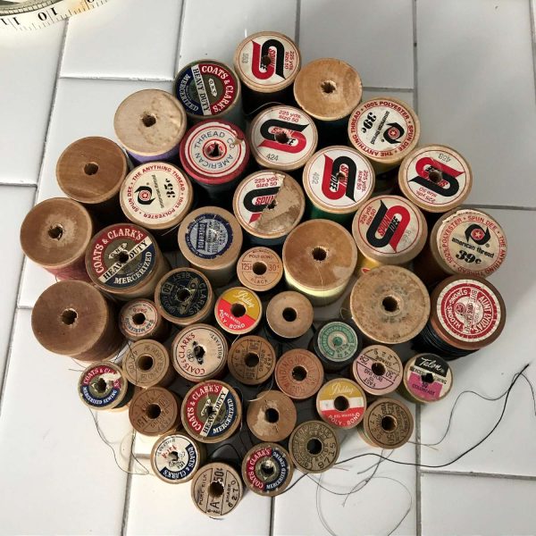 Vintage 40 wooden spool threads Sewing Notions display Lot 3  advertising collectible farmhouse display thread wooden spools silk cotton