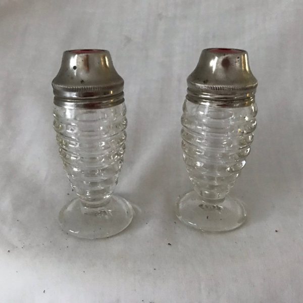 Vintage Airko Bee Hive Salt and Pepper Shakers with red tops and silverplate lids