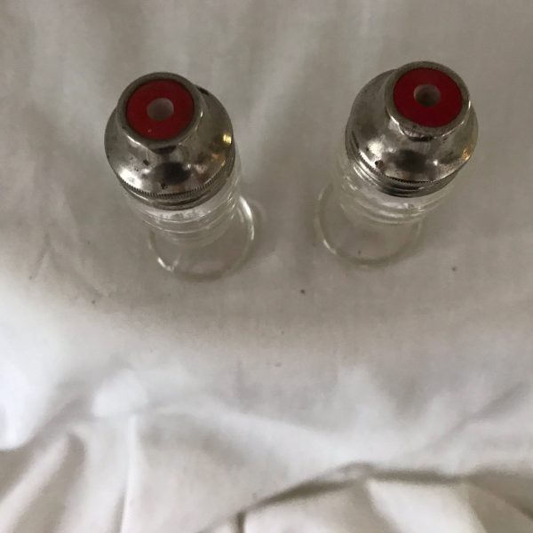 Vintage Airko Bee Hive Salt and Pepper Shakers with red tops and silverplate lids