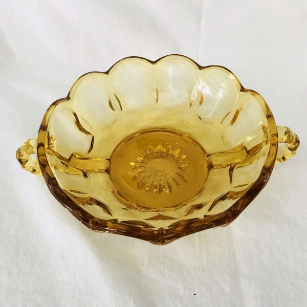 Vintage Amber Glass Bowl Snack Display candy scalloped rim double handle Paneled pattern farmhouse collectible display glass